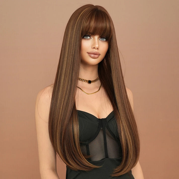 Long Straight Honey Blonde High-Quality Synthetic Hair with Bangs for Women. Heat-Resistant Fiber, Hot Selling 28 Inch.