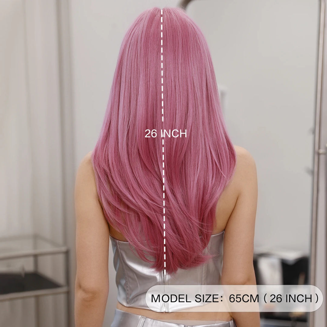 Light pink long wavy wig with bangs, 26 inches, made of synthetic heat-resistant hair. Perfect for daily use.