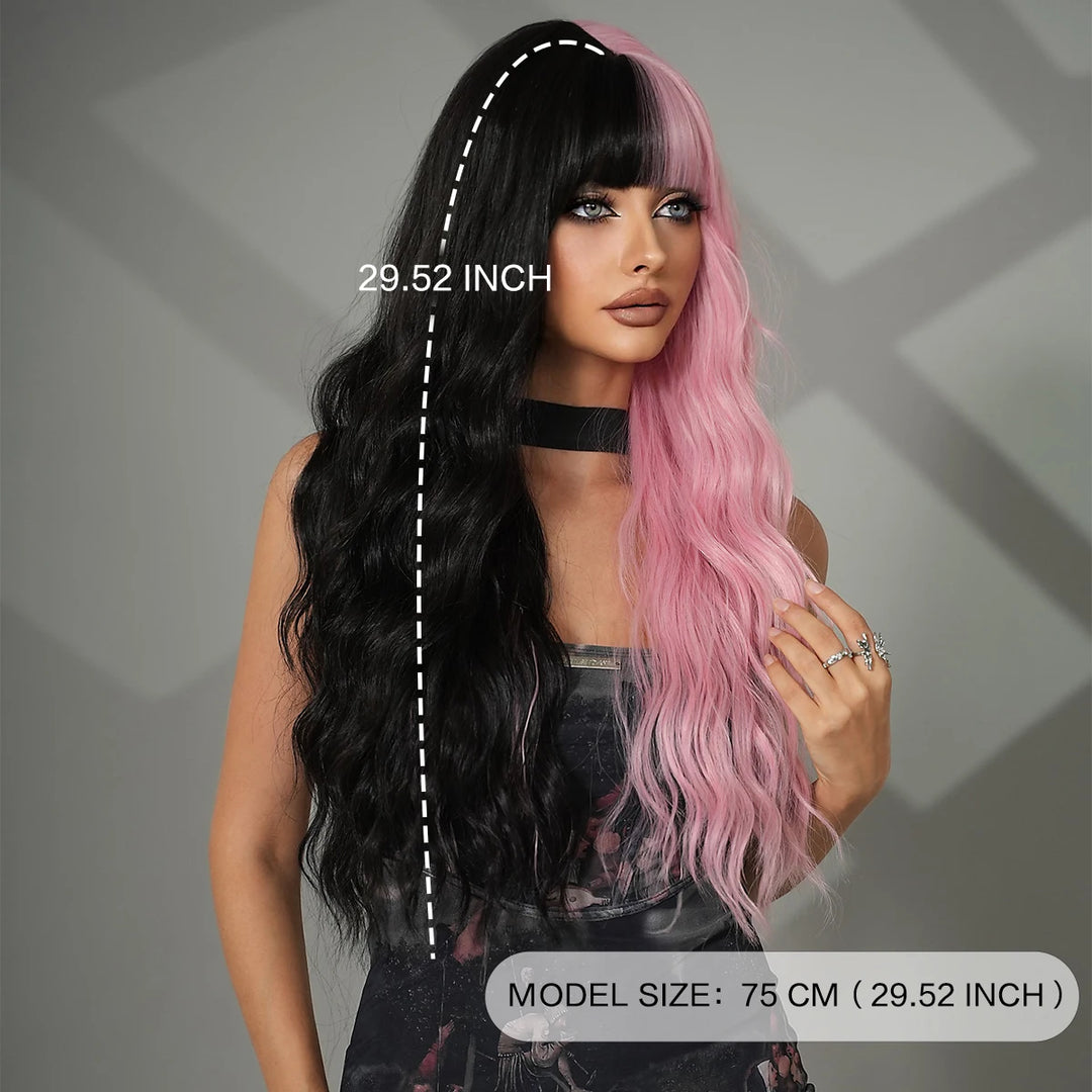 Black Pink Synthetic Hair Skunk Stripe Long Wavy Wigs Heat Resistant Fiber Wholesale Natural Matt Wigs 30 Inch