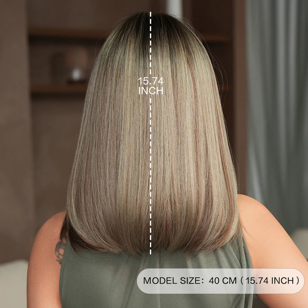 16" Ombre Brown Shoulder Length Straight Synthetic Heat Resistant Wig for Women with Natural Hairline. Matte finish.