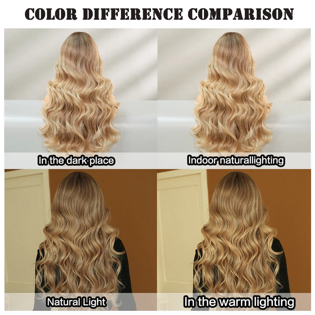 28" Blonde Curly Lace Front Wig with Bangs - Heat Resistant Synthetic Hair for Women