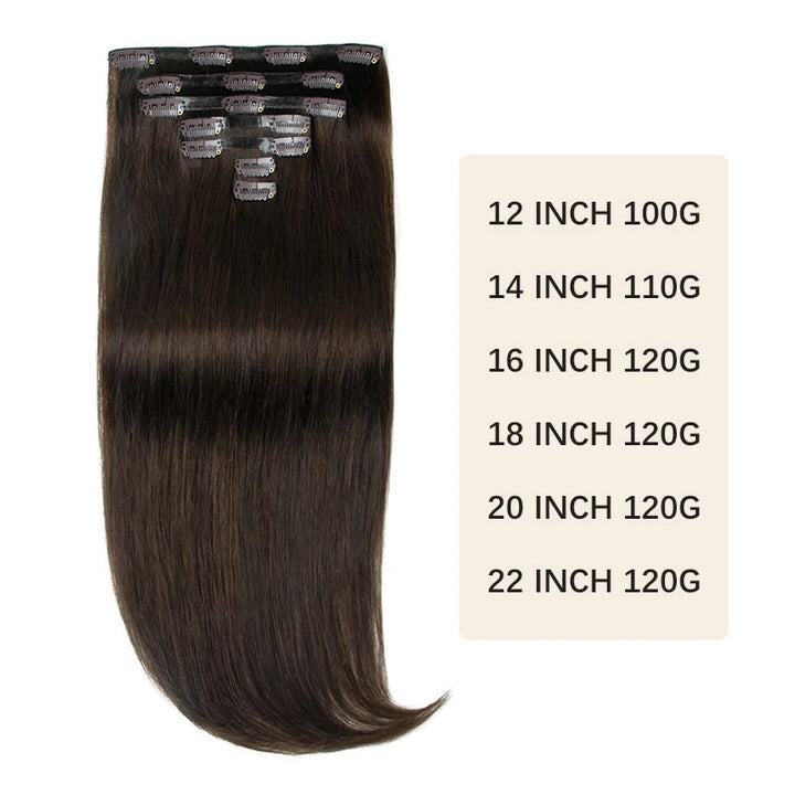 Invisible Seamless PU Clip-In Human Hair Extensions – Thick PU Weft 7PCS Set | 100g-120g, 12"–24" | Raw Human Hair Clip-On