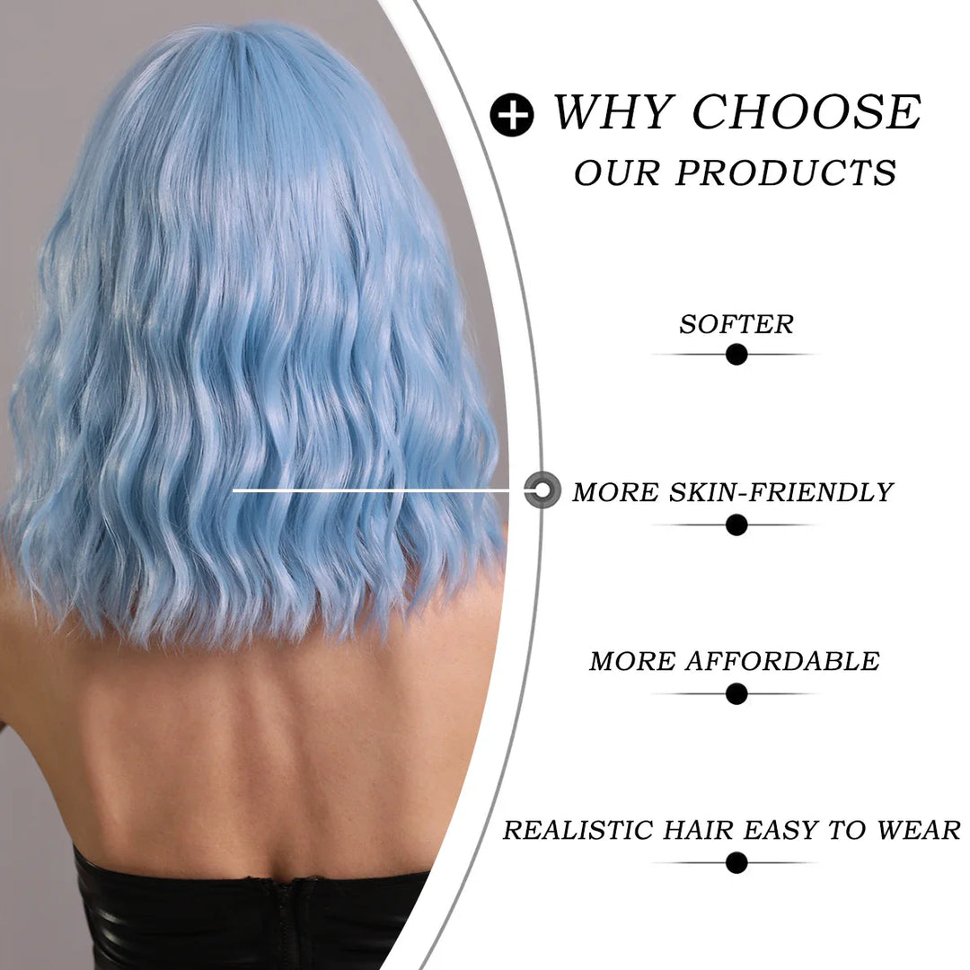 Blue curly bob wig with bangs for women, perfect for Halloween or cosplay parties.