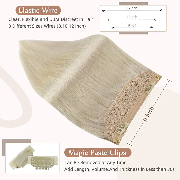 Fishing Wire Hair Extensions – Real Human Hair, Thick Secret Wire Hairpiece for Women | Invisible One-Piece Clip-In