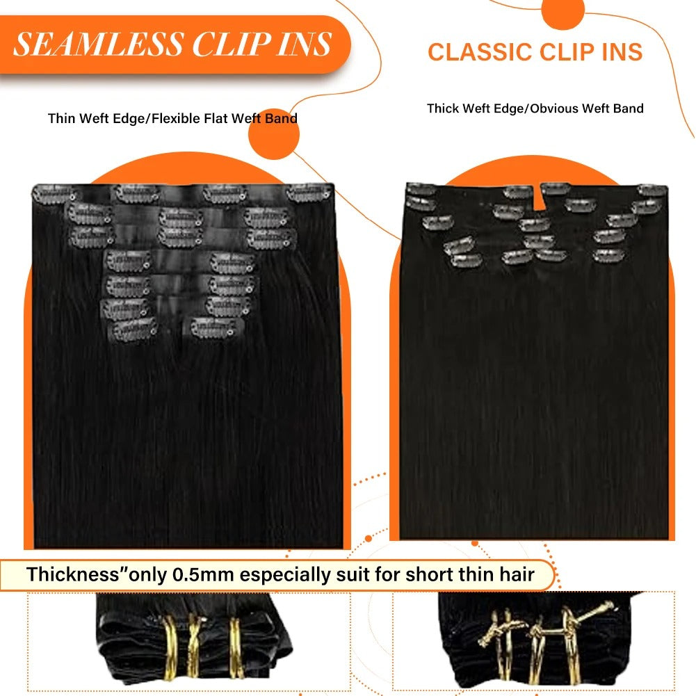 Comparison of Seamless and Classic clip-ins with text on hair thickness and suitability for short thin hair.