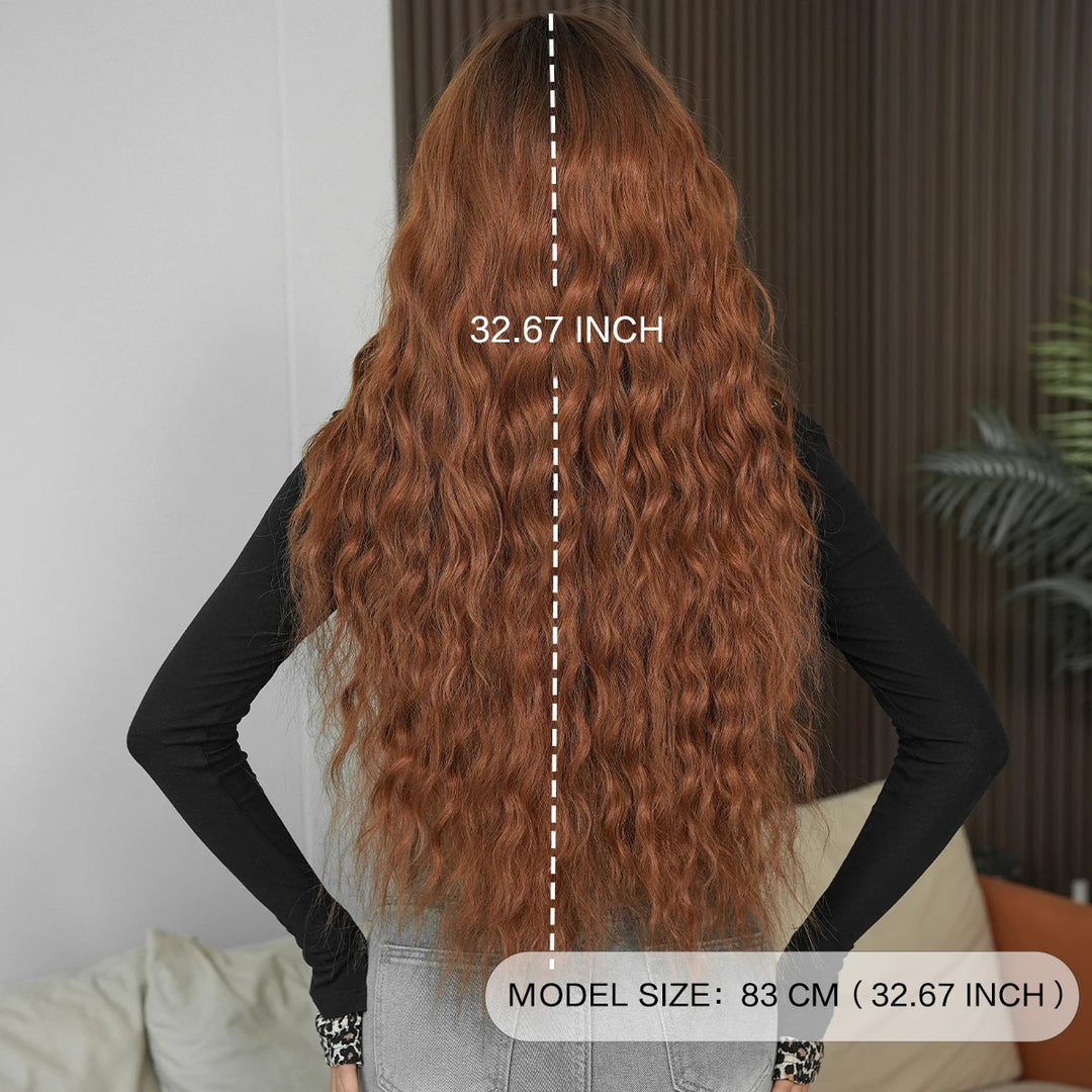 Ombre Brown Water Wavy Wig with Bang for Woman 32 Inch Synthetic Glueless Wig Natural Matte Hair