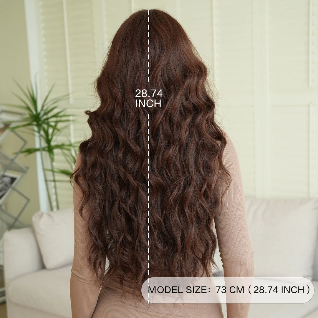 28 Inch Curly Brown Synthetic Hair Shoulder Length Water Wavy Wigs Heat Resistant Fiber Natural Matt Wigs Peluca Rizada