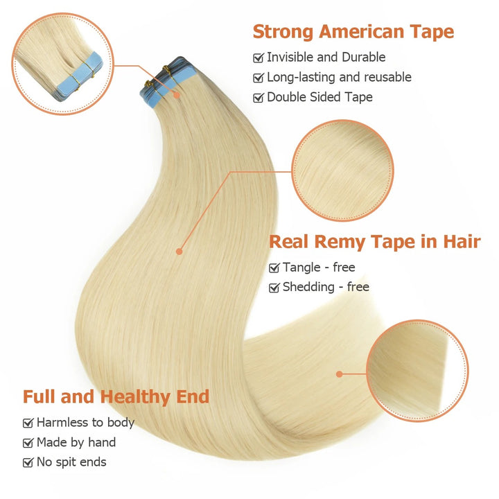 Tape-In Human Hair Extensions – Natural Remy Skin Weft | Seamless, Soft & Tangle-Free | 40–50g/Pack | 12–24 Inch Lengths