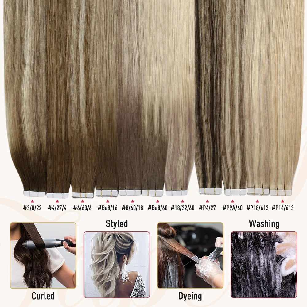 Tape-In Hair Extensions – Natural Black, Straight, 100% Real Remy Human Hair, Seamless Adhesive Tape Extensions