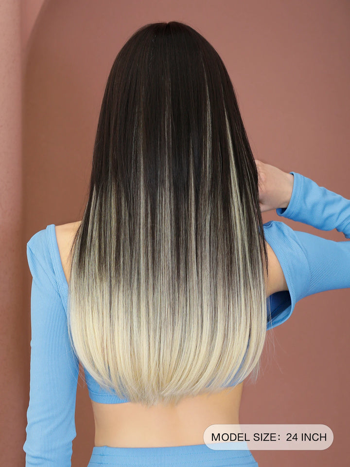Synthetic hair wig with long straight hair, bangs, middle part, and highlight gray color. Perfect for women, cosplay, and drag queens.
