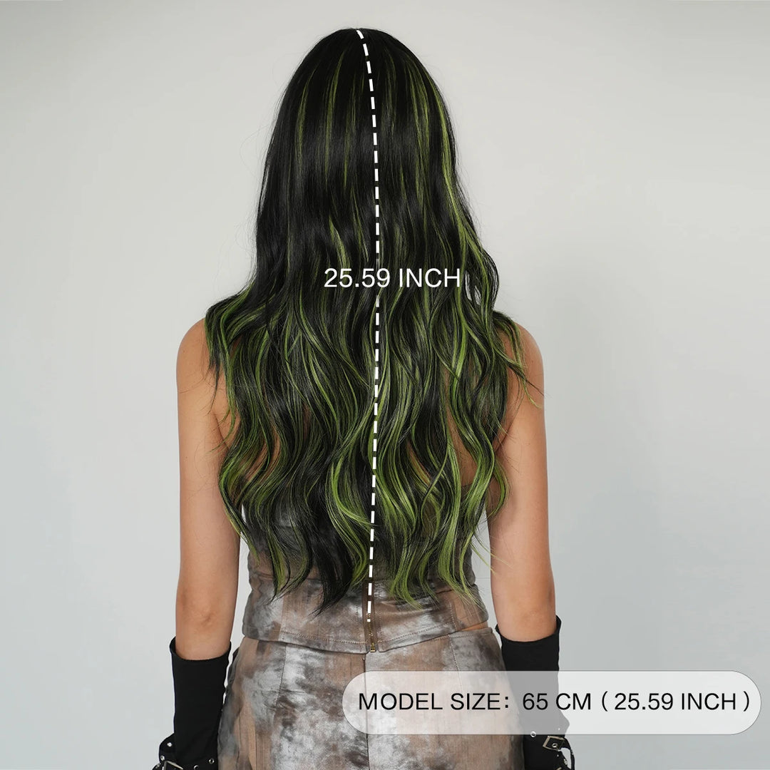 Black Green Synthetic Hair Skunk Stripe Long Wavy Wig, 26 Inch, Heat Resistant Fiber, Wholesale, Natural Matt.