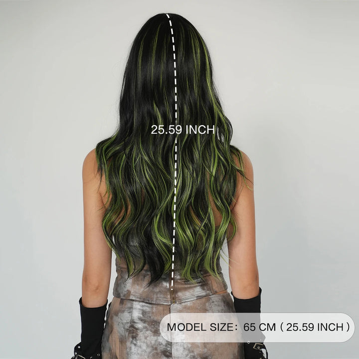Black Green Synthetic Hair Skunk Stripe Long Wavy Wig, 26 Inch, Heat Resistant Fiber, Wholesale, Natural Matt.