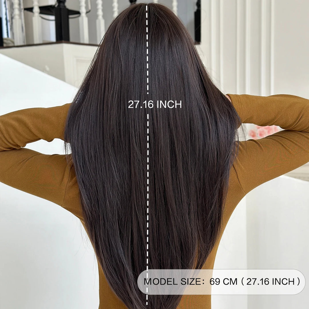 28-inch Layered Long Straight Black Middle-Parted Synthetic Matte Hair Wig for Women, Heat Resistant.