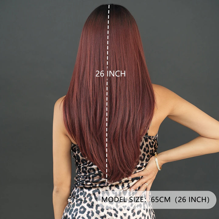 26" Long Wavy Red Layered Wig with Bangs, Synthetic Heat Resistant Hair for Daily Use.
