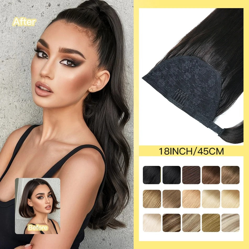 Woman with styled hair next to a hair extension and color chart