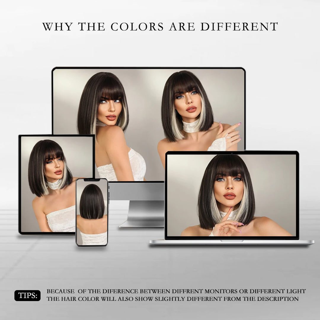 Black Bob Wigs with Bangs, Synthetic Straight Bob Wigs for Women, Heat Resistant 12 in Hair