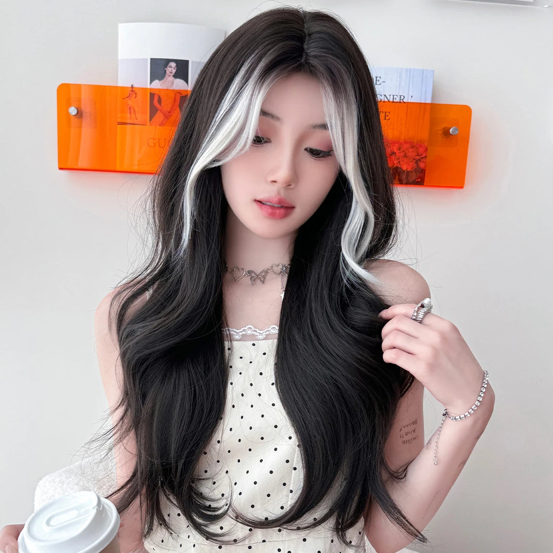 28-inch long highlighted black curly hair with bangs synthetic matte hair wig for women. Heat resistant.