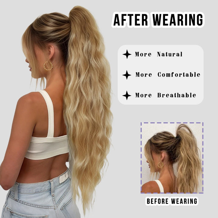 34 Inch Women's Black Synthetic Deep Wave & Water Wave Adjustable Size Ponytail Wig with Clip in