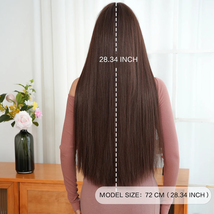 28 Inch Natural Black Wig with Bangs Extra Long Straight Wig for Women. This wig is natural-looking and comes in black-brown synthetic material.