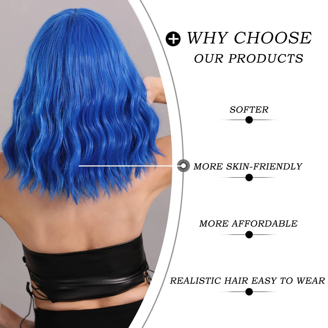 Short curly wavy bob wig with bangs in natural black color, perfect for Halloween cosplay. Made of synthetic material, shoulder-length.