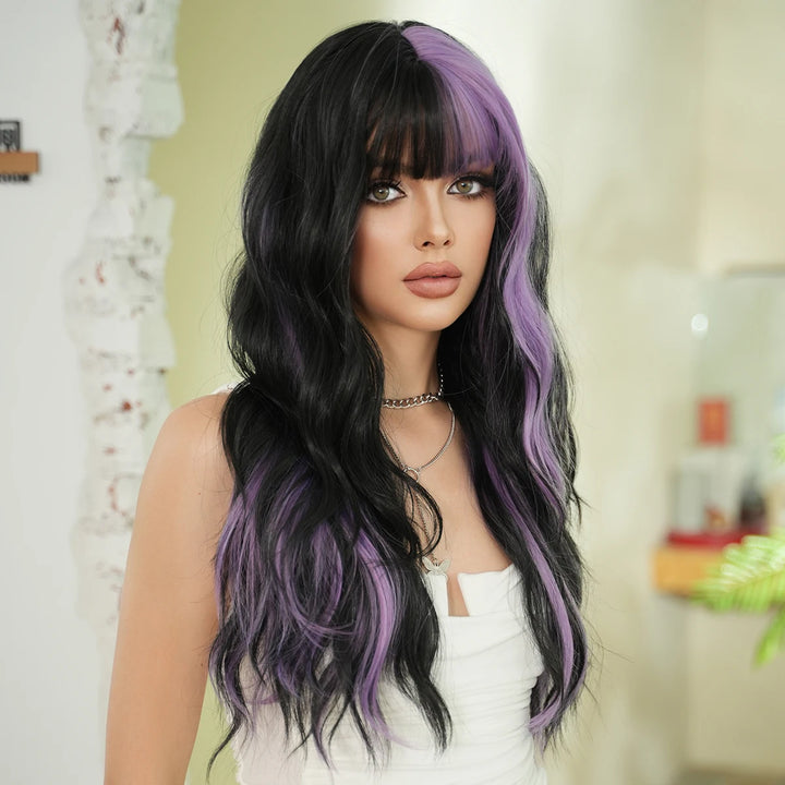 28in Long Wavy Black Purple Highlight Wig, Natural Heat Resistant Synthetic Curly Style with Bangs for Women.