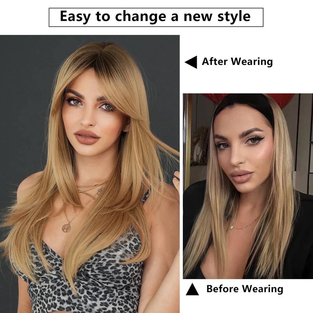 26-inch Layered Long Straight Ombre Blonde Middle-Parted Synthetic Matte Hair Wig for Women, Heat Resistant.