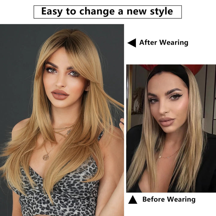 26-inch Layered Long Straight Ombre Blonde Middle-Parted Synthetic Matte Hair Wig for Women, Heat Resistant.