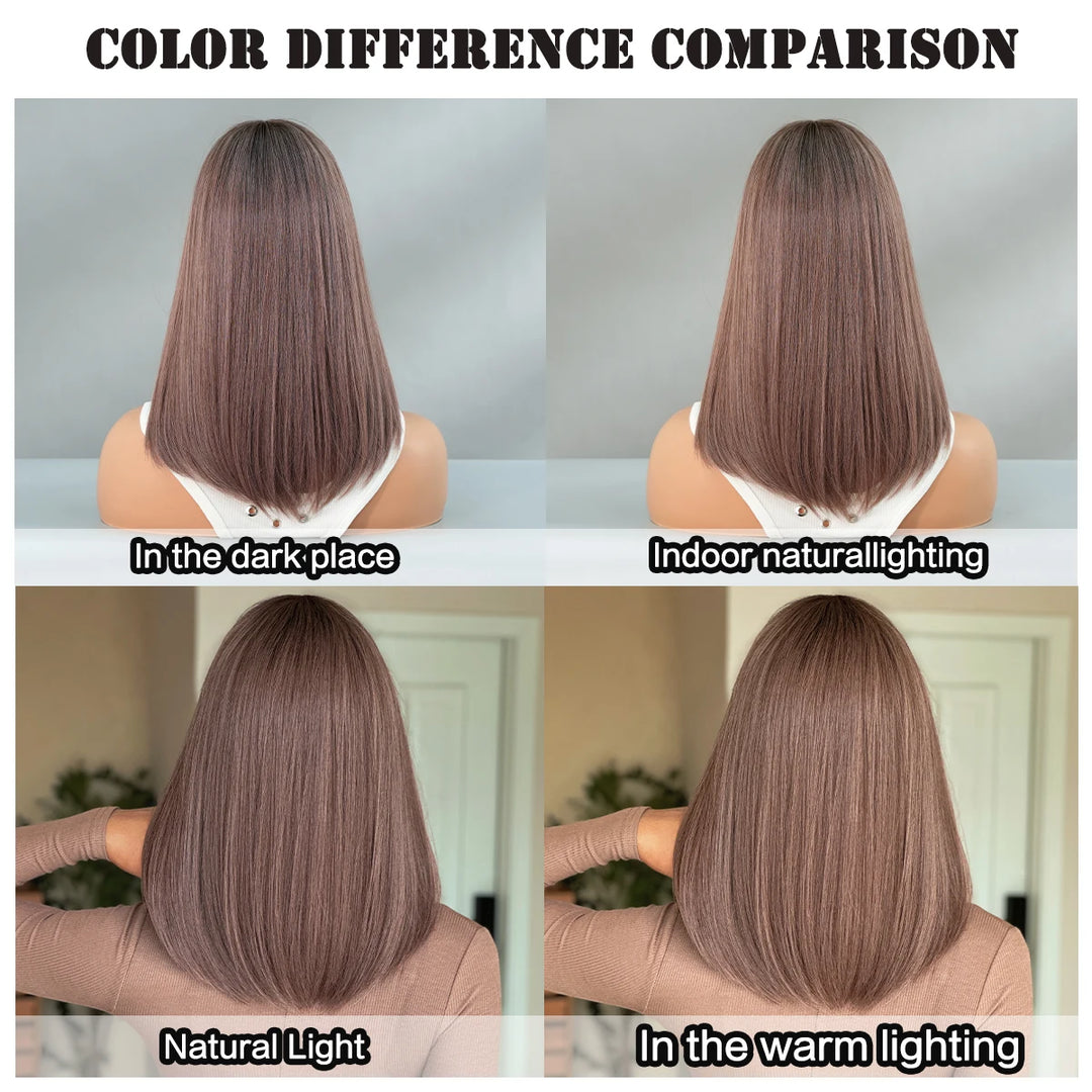 Purple Ombre Shoulder-Length Straight Layered Synthetic Wig with Bangs, 16 Inches. Natural Matte Hair for Women.