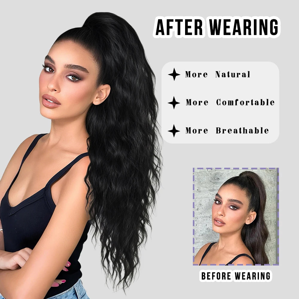 34 Inch Women's Black Synthetic Deep Wave & Water Wave Adjustable Size Ponytail Wig with Clip in