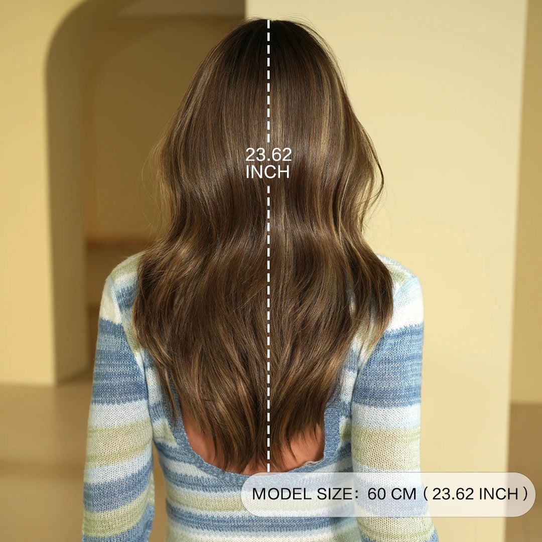 16-Inch Highlight Brown Wig with Middle Bangs, High-Temperature Resistant Synthetic Matte Hair, Natural Fashion #