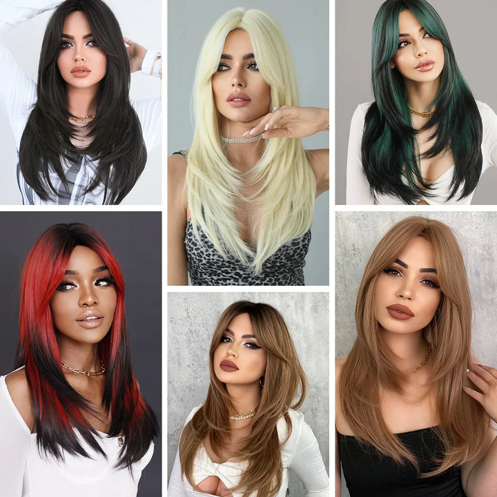 Green Highlight Layered Wig with Curtain Bangs, Synthetic Heat Resistant Hair Wig for Women.