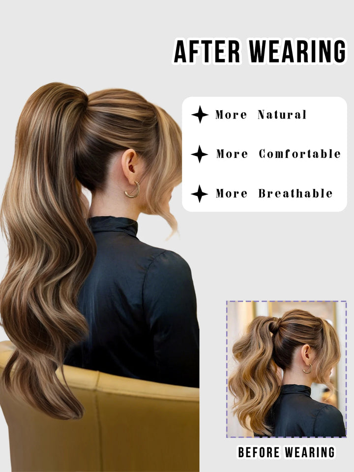 Madeline Brown 28-Inch Curly Synthetic Hair Wig with Steel Prongs Gold Adjustable Size Ponytail Black with Gold Adjustable Size