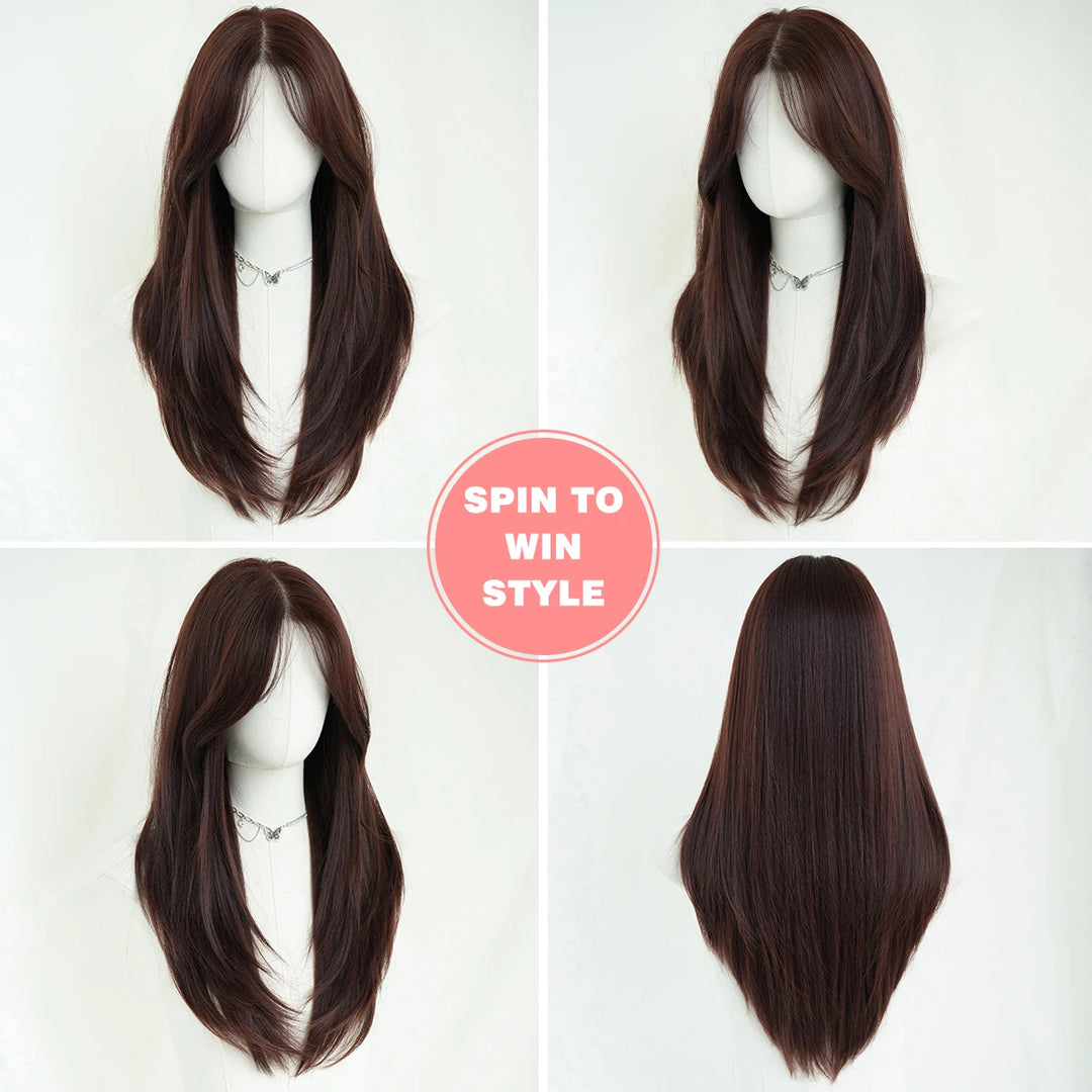 Monotop U Part Lace Long Curly Wig with Bangs for Women, 26 Inches, Heat Resistant Synthetic Brown Wig