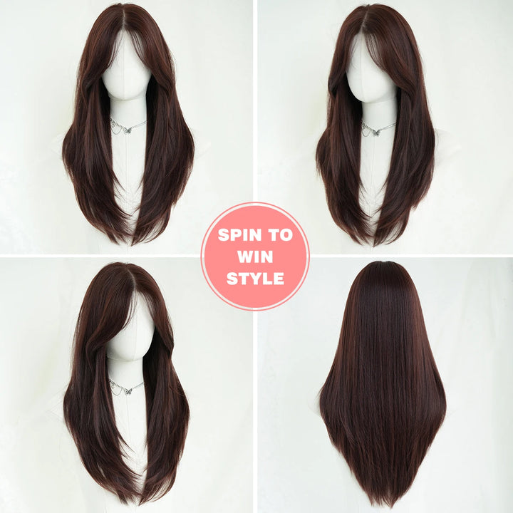 Monotop U Part Lace Long Curly Wig with Bangs for Women, 26 Inches, Heat Resistant Synthetic Brown Wig