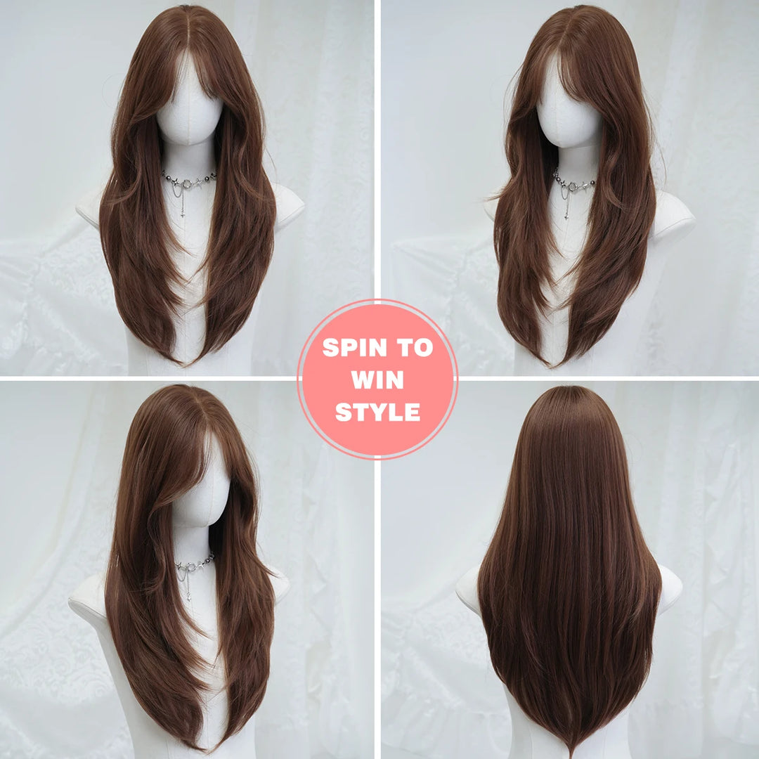 Monotop U Lace Long Straight Layered Wig for Women 26 Inches Light Brown Synthetic Wig with Natural Hairline