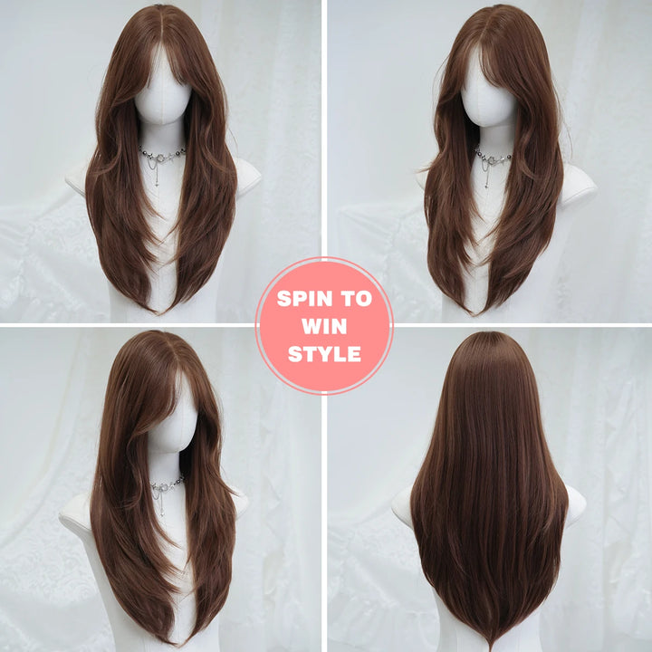 Monotop U Lace Long Straight Layered Wig for Women 26 Inches Light Brown Synthetic Wig with Natural Hairline