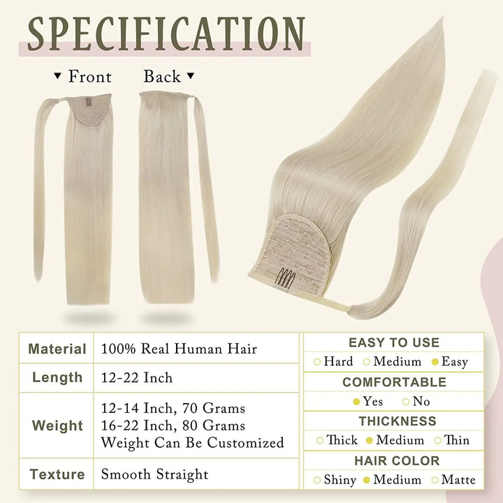 Machine-Made Remy Human Hair Ponytail Extension – 70g/80g Clip-In for White Women