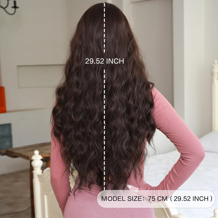 28 Inch Curly Ombre Brown Synthetic Hair Shoulder Length Wavy Wig. Heat resistant fiber, natural look