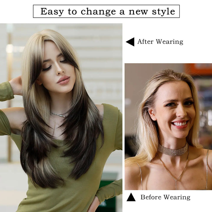 Green Highlight Layered Wig with Curtain Bangs, Synthetic Heat Resistant Hair Wig for Women.