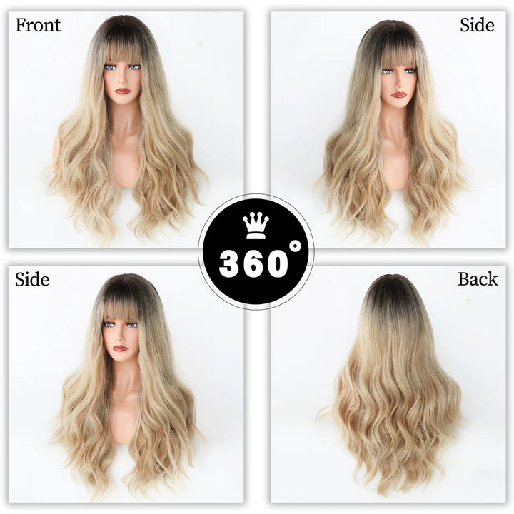 Blonde Ombre Long Wavy Wig with Bangs - Synthetic, Heat Resistant, Perfect for Cosplay