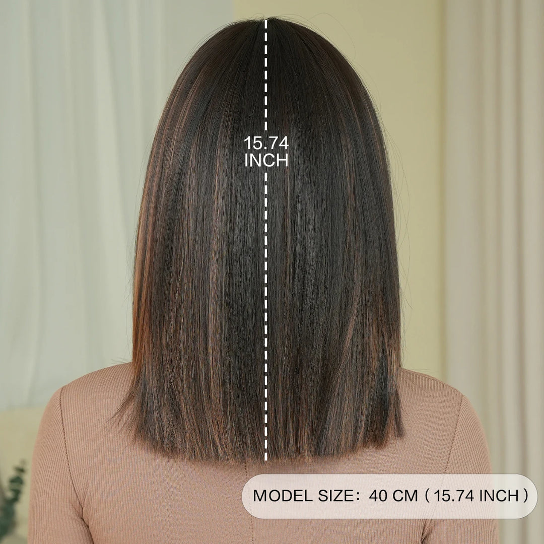 16-inch Black Brown Shoulder-Length Straight Synthetic Heat-Resistant Wig for Women with Natural Hairline Matte Hair Wig