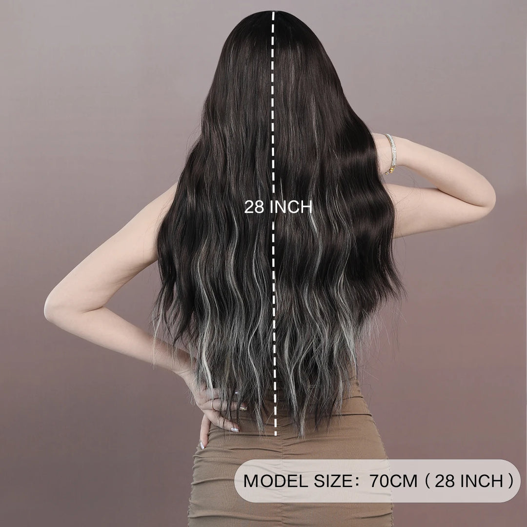Brown wig with bangs, long wavy style with mixed blonde highlights. Made from natural curly synthetic fiber, resistant to heat. Perfect for daily use by women.