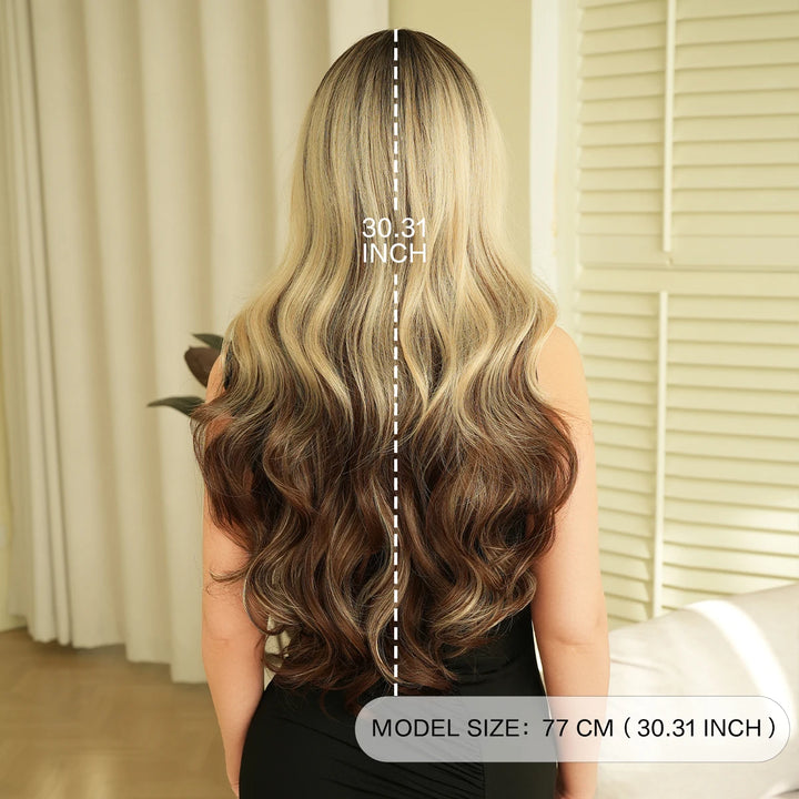 30" Ombre Blonde Curly Synthetic Wig with Bangs for Women. Heat resistant, natural hairline, matte finish. Perfect for cosplay