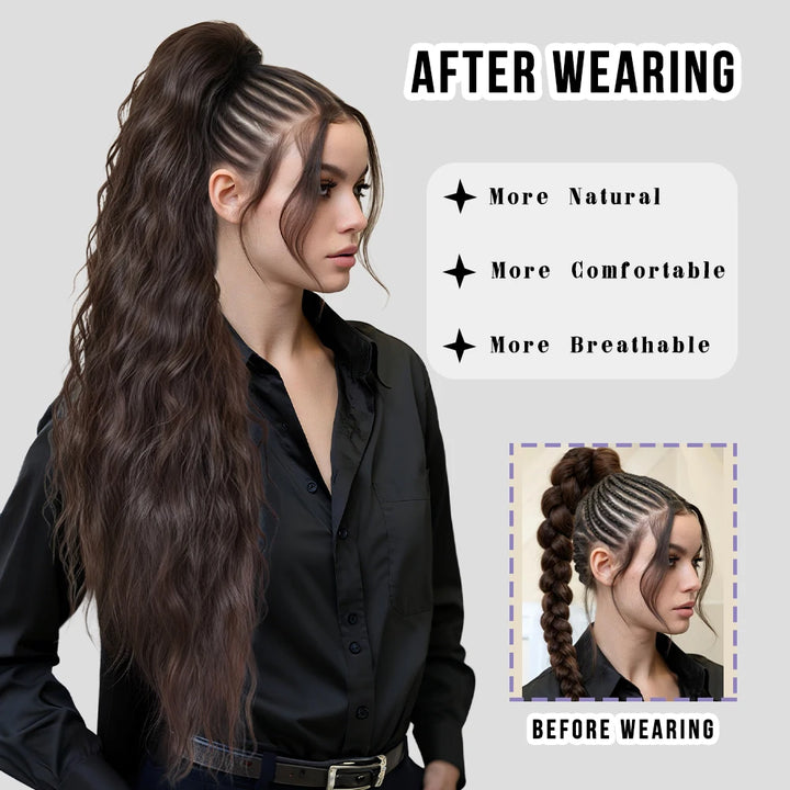 34 Inch Women's Black Synthetic Deep Wave & Water Wave Adjustable Size Ponytail Wig with Clip in