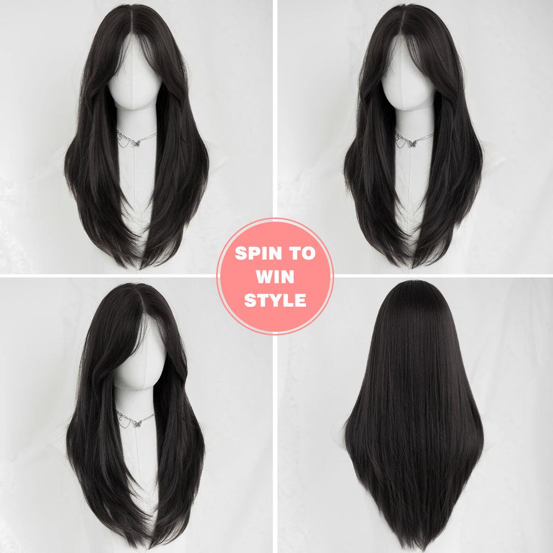 Monotop U Lace Long Straight Layered Wig for Women 26 Inches Heat Resistant Synthetic Black Wig with Natural Hairline.
