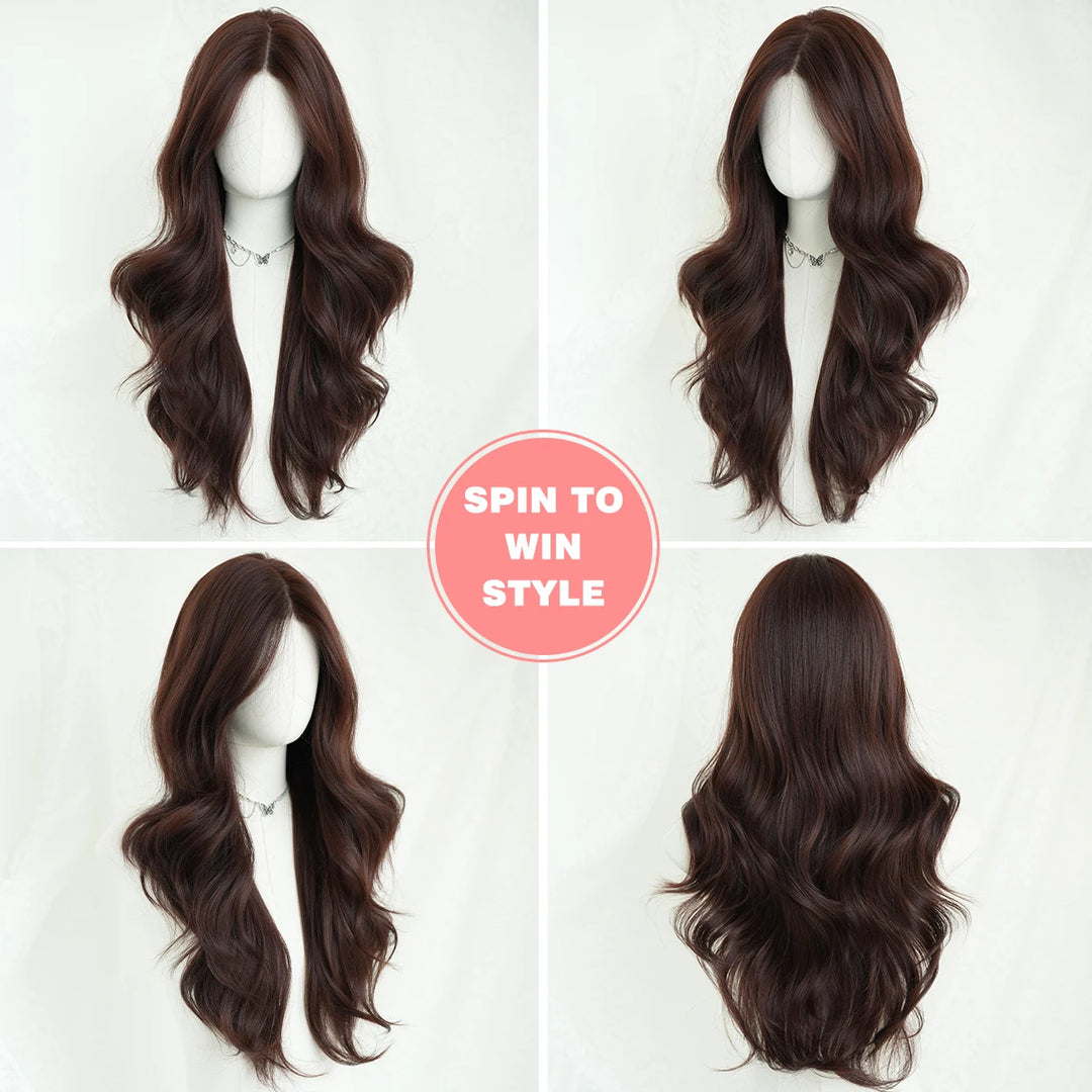 26" Burgundy U-Part Lace Front Curly Wig for Women - Heat Resistant Synthetic Hair - Natural Hairline - Monotop - Red Wine Color