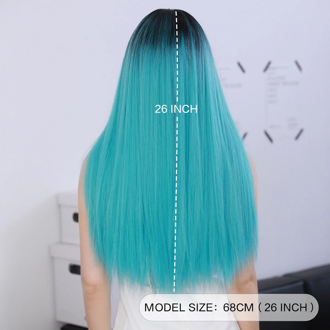 Turquoise Ombre Synthetic Wig with Bangs - Heat Resistant, Bluish Green with Black Roots for a Natural Look.