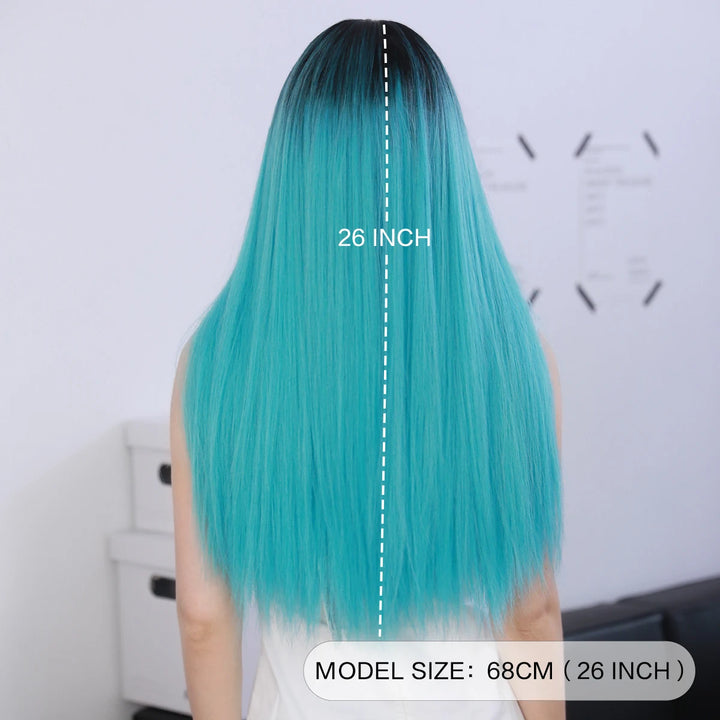 Turquoise Ombre Synthetic Wig with Bangs - Heat Resistant, Bluish Green with Black Roots for a Natural Look.