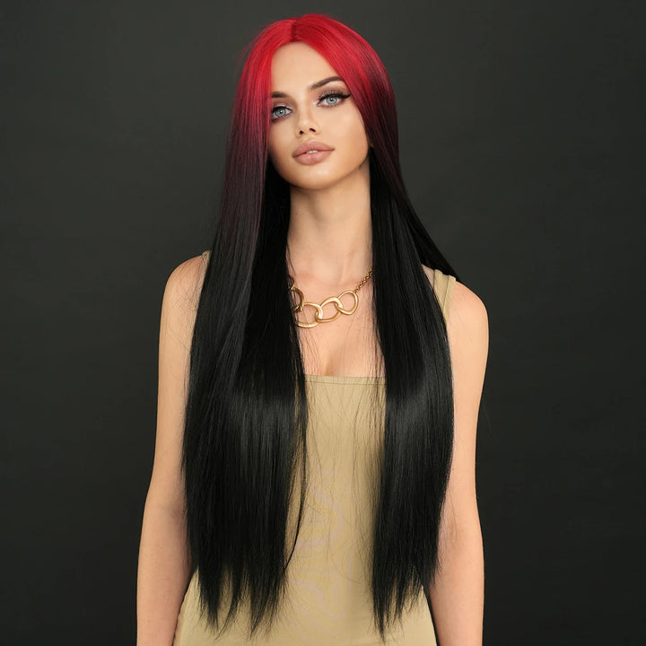 32" Ombre Red Synthetic Hair Wig with Bangs and Middle Part, Billie Eilish Style