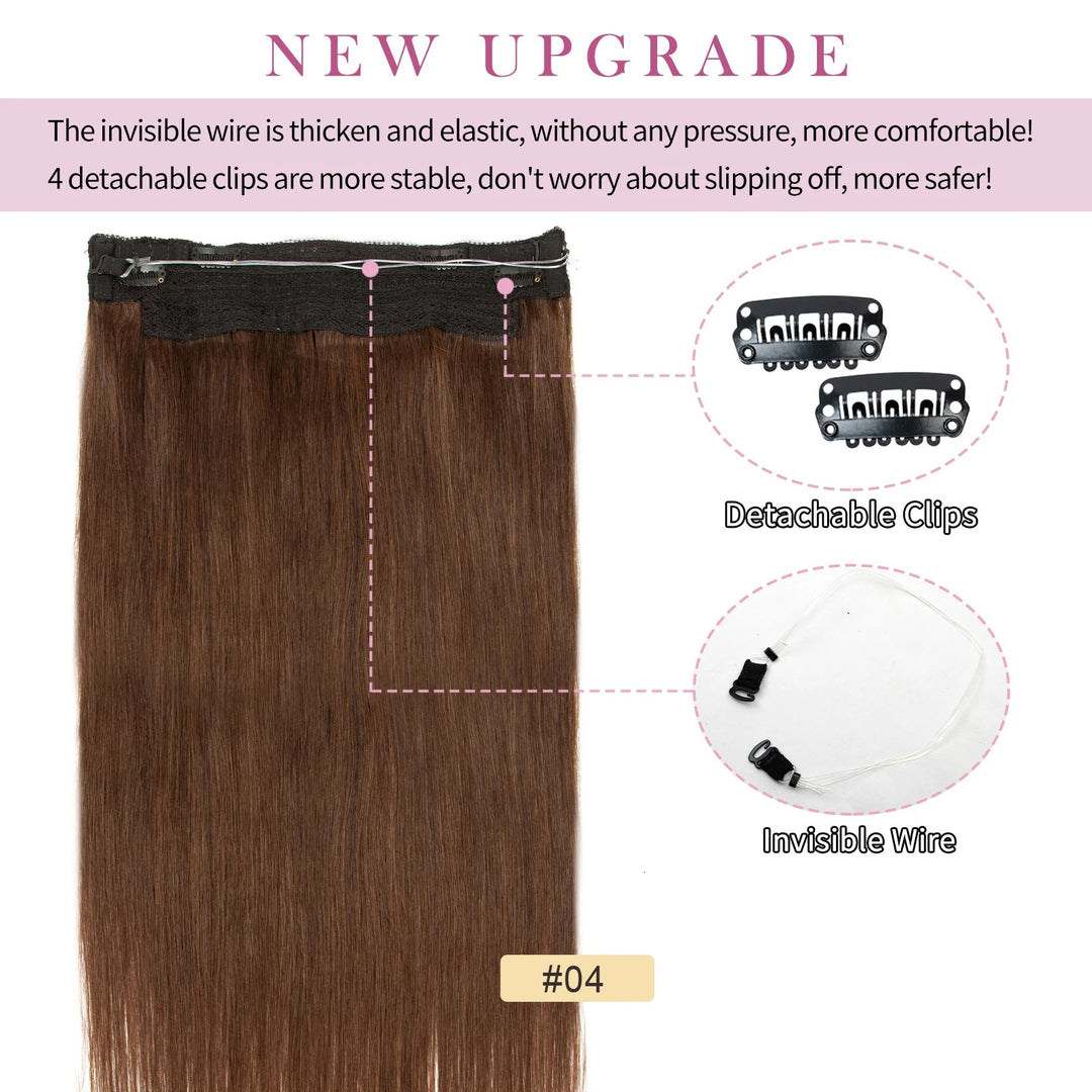 Fish Line Wire Hair Extensions - Invisible Clip-in Human Hair Extensions with 4 Clips. Made from real natural hair, available in lengths of 12-24 inches.